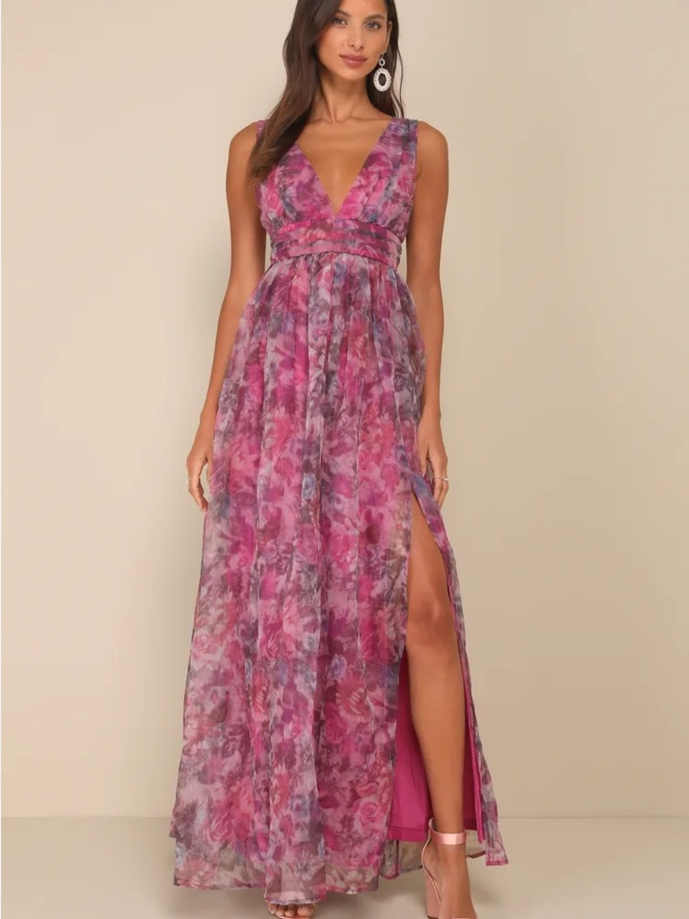 Lulu's Fuchsia Floral V-Neck Maxi Dress